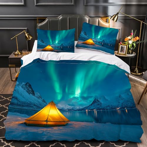 Generisch Aurora 3D-bedrucktes Feder-Bettbezug mit Kissenbezügen Schneeberg Bettwäsche-Set mit Reißverschluss Weiche Mikrofaser-Baumwolle für Teenager Erwachsene (135x200+2 * 80x80)