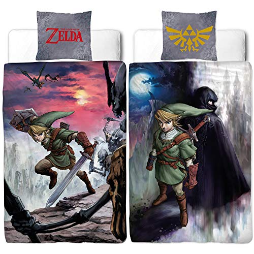 The Legend of Zelda Wende-Bettwäsche Dusk Linon Renforcé 135 x 200 cm + 80 x 80 cm 100% Baumwolle Twilight Princess Hyrule Link Breath of the Wild Kinderbettwäsche deutsche Größe Reißverschluss