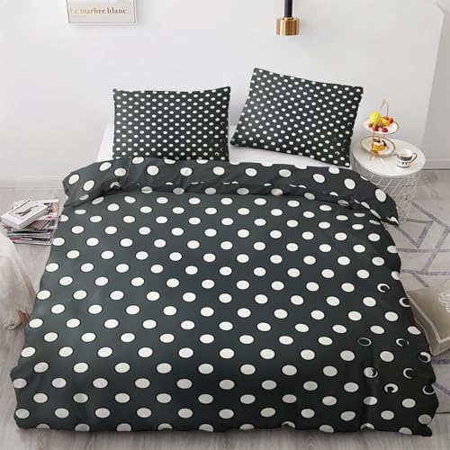 Traulpex Schwarz Weiß Tupfen Bettwäsche 135x200 cm, Modern Punkte Bettbezug 3 teilig, Polka Dot Bettwäsche Mikrofaser Bettwäsche-Set mit Reißverschluss und 2 Kissenbezug 80x80, Weich Bügelfrei