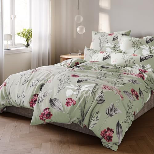 Pure Label Blumen Bettwäsche 135x200 cm mit einem Kissenbezug 80x80 cm - Traumhaft weiches Bettwäsche-Sets 135 x 200 cm in grün aus 100% Baumwolle mit YKK Reißverschluss