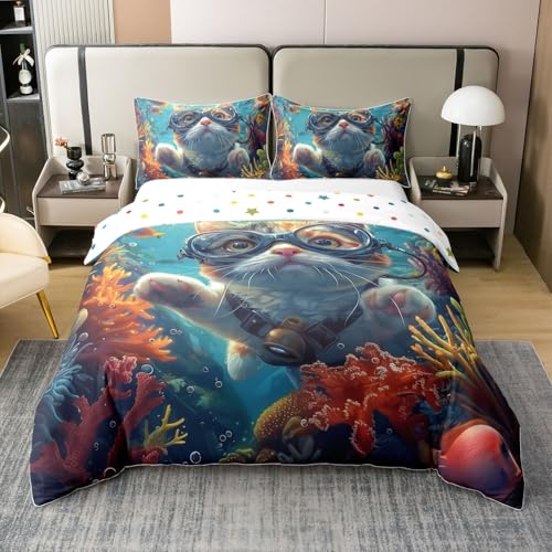Homemissing Ozean Thema Baumwolle Bettwäsche Set 220x240cm Katze Bettbezug Set für Jungen Mädchen Nette Betten Set Sea Blue