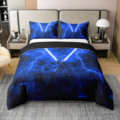 100% Baumwolle Bettbezug Neonlicht Bettwäsche Set 135x200 Kinder Jungen Blauer Blitz Tröster Abdeckung Geometrisches Gitter Neon Lichtschwert Bett Set Abstrakte Ombre Bequeme 3D Glühende Gradient
