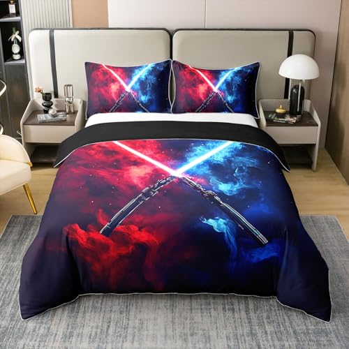 Homewish 100% Baumwolle Blaues Rotes Lichtschwert Bettbezug, Galaxy Flamme Bettwäsche Set 155x220, Neon Videospiele Tröster Abdeckung, Cooles Lichtschwert Bett Set für Zimmer Dekor, 1 Kissenbezug