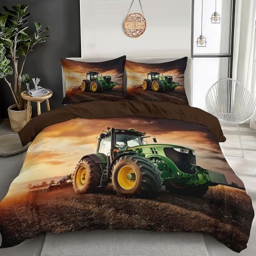 Bettwäsche-Sets,3D Gelbgrün Sonnenuntergang Traktor Bettwäsche 155X220Cm,Ackerlandlandsc haft Mit Reißverschluss Microfaser Bettbezug Und Kissenbezug 3 Teilig Sets Für Erwachsene Teenager Kinder