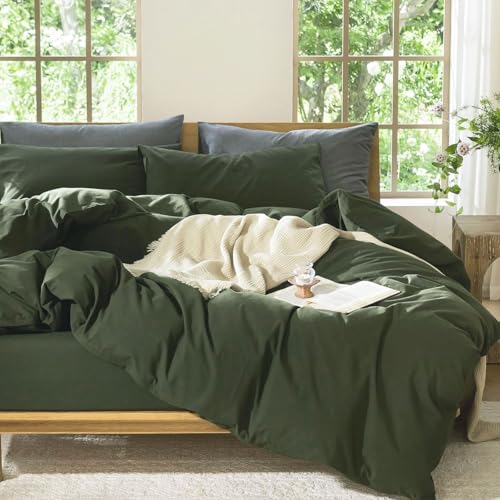 Tospass Bettwäsche 135x200 Baumwolle Olivengrün Grün Unifarben Leinenoptik Bettwäsche-Sets Uni Baumwolle ÖKO-TEX Deckenbezug 1 Bettbezug mit Reißverschluss und 1 Kissenbezug 80x80cm