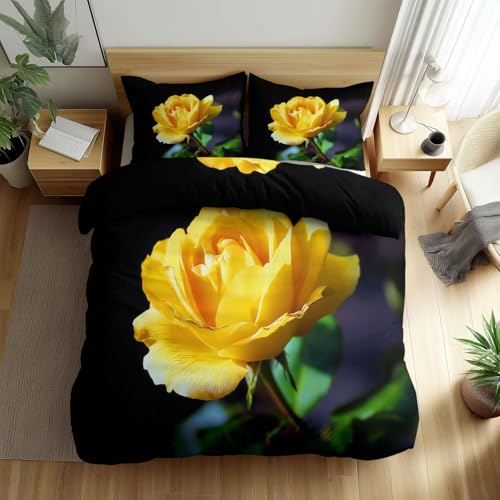 Srigzcaly Bettwäsche 155x220cm 3 teilig Gelbe Rose HD Foto Weich Mikrofaser Renforcé Wende Bettwäsche-Set Pflanzen und Blumen, 1 Bettbezug mit Reißverschluss und 2 Kissenbezug 80x80cm