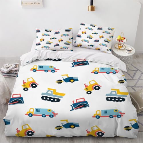 Generisch 3D Cartoon Traktor Bettwäsche 155x220 cm 3teilig Cartoon LKW Bettbezug mit Reißverschluss 100% Mikrofaser Leicht Atmungsaktive Bettwaren Set mit 2 Kissenbezüge 80x80?Muster 46-16?