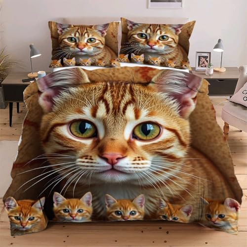 Fotmung Bettwäsche 135x200 Mikrofaser 3 Teilig Gelbe Katze, Weiche Bettbezug mit Reißverschluss Bettdeckenbezug - 1 Bettwäsche Set 135 x 200 cm mit 2 Kissenbezügen 80 x 80 cm C92