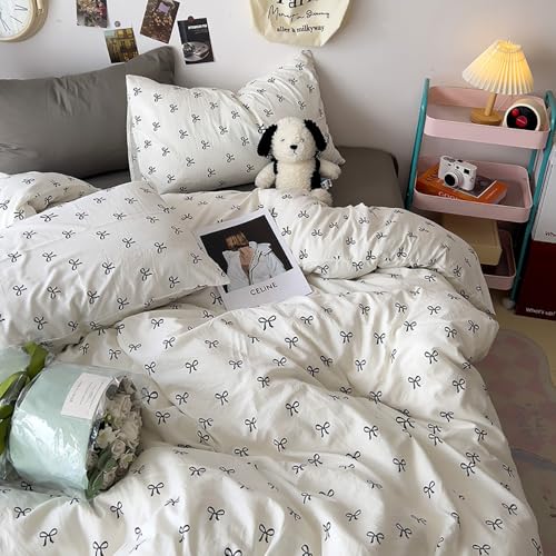 Nayoroom Bettwäsche 220x240 Weiß mit Schwarz Schleifen Aesthetic Bettbezug Set Kawaii Schleifenmuster Weich Renforcé Microfaser Doppelbett Deckenbezug mit Reißverschluss und 2 Kissenbezug 80x80cm