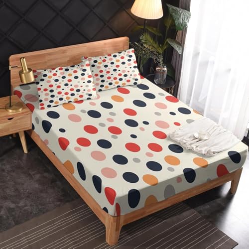Spannbettlaken-Set für Doppelbett, Beige Geometrische Punkte Tiefe Tasche 30cm,Weiche Mikrofaser,3-teiliges Bettwäsche-Set mit 2 Kissenbezügen, hypoallergen, 135 x 190 cm m5