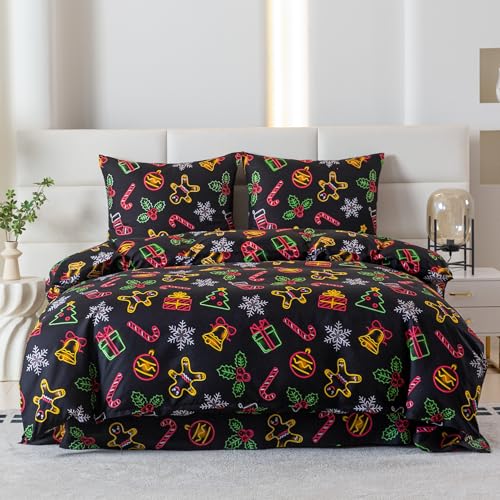 Cotton Market Bettwäsche Weihnachten 135x200 cm 2-teiliges Set mit Kissenbezug 70x80 cm Mikrofaser Neon Design Weiche Pflegeleichte Winterbettwäsche mit Reißverschluss