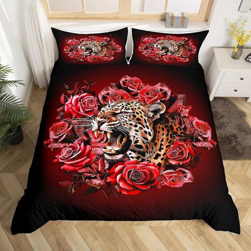 SJSXWQN Bettwäsche 135x200 Roter Leopard Bettwäsche-Set mit Reißverschluss Schließung für Kinder Mädchen Weicher Atmungsaktive Mikrofaser Bettbezug + 2 Kopfkissenbezug 80x80 cm