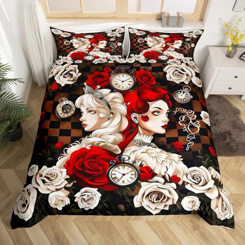 Mädchen Bettbezug Set S Größe,rote und weiße Rose Blume Tröster Abdeckung,Magische Mädchen Prinzessin Bettwäsche Set Kinder Jungen Zimmer Dekor,Vintage schwarz weiß geometrische karierte Quilt Cover