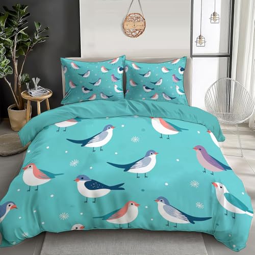 GSAEIMCT Türkis Süßer Vogel Bettwäsche-Set 3D Gedruckter Dreiteiliger Minimalistische Tiere Bettbezug Set Microfaser Kissenbezug 3 Teilig Mit Reißveschluss,Weiche Bequemer Single 135X200Cm
