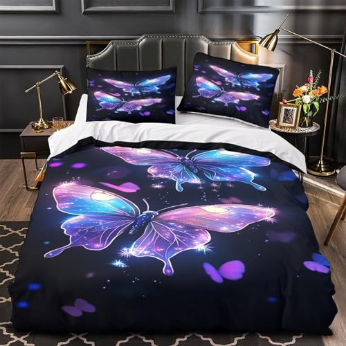 RJAVAGFZL Leuchtender Schmetterling 3D-Druck 3er-Set Kuschelbezug Fantasy-Digitalkunst Bettdeckenbezug Mikrofaser Reißverschluss Staubmilbenfest für Jugendliche Kinder Erwachsene Single (135x200cm)