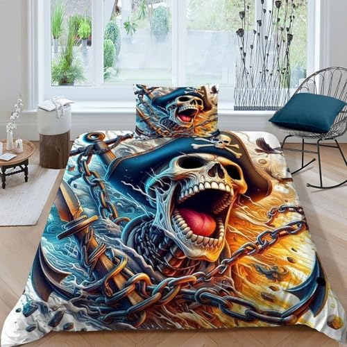 HOGDISAJD Piraten Schädel Bettwäsche Weiche Feder Halloween 3D Gedruckt Bettdeckenbezug Und 1 Kissenbezug Luxus Bettbezug Set 2Pcs Für Kinder Jugendliche Single?135x200cm?