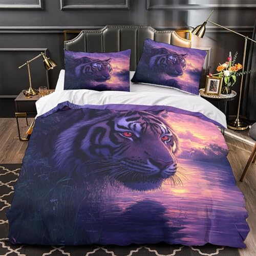 Tiger Face 3D-Digitaldruck Bettdeckenbezug, Mikrofaser, schmutzabweisend, Fantasy-Bettbezug, 2 Kissenbezüge, Reißverschluss, Bettwäsche für Erwachsene und Familien, Doppelbett (200 x 200 cm), 3-teilig