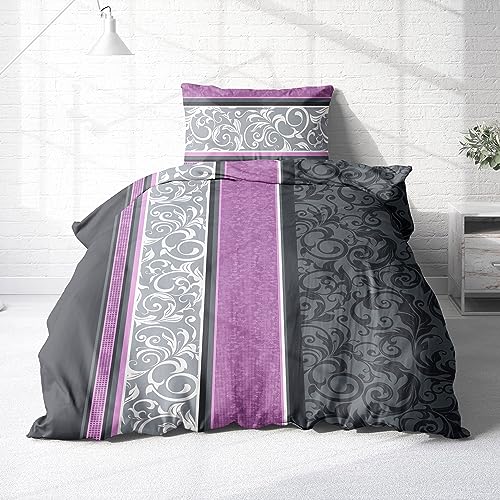Träumschön Bettwäsche 135x200 Biber - Biber Bettwäsche-Set im Lila-Anthrazit Paisley Design - 100% Baumwoll Bettwäsche lila - Ideale Winter Bettwäsche