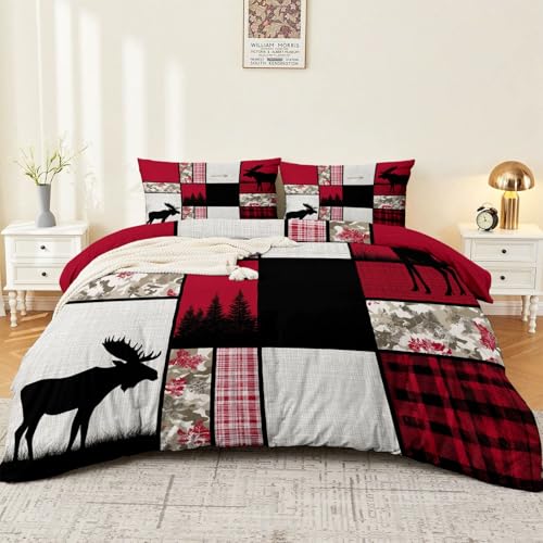 Atmungsaktiv Bettwäsche 135 x 200 cm, Weiche Kuschelige Mikrofaser Ländlicher Stil Elch Karomuster Bedruckte Bettbezug Set mit Reißverschluss - Rot Weiß Anti-Pilling Wendebettwäsche mit 2 Kissenbezug