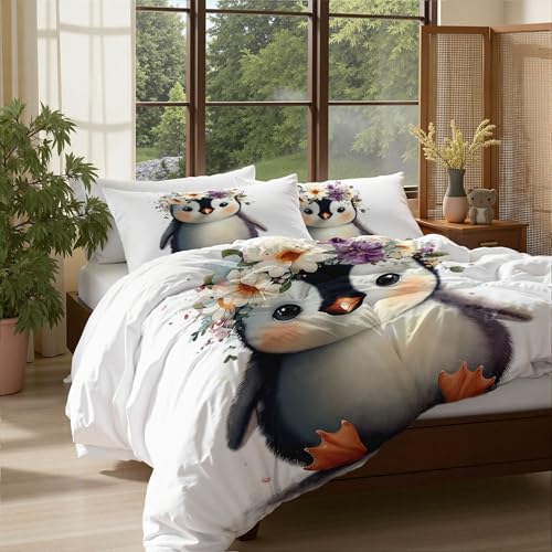 Bettwäsche 200*200cm Blau Niedliche und verträumte Tiere Bettbezug Set 3 Teilig Blumenpinguin-Porträt Blümchen Blumenmuster Weich Bettwäsche-Sets mit 2 Kissenbezüge 80x80 cm und Reißverschluss