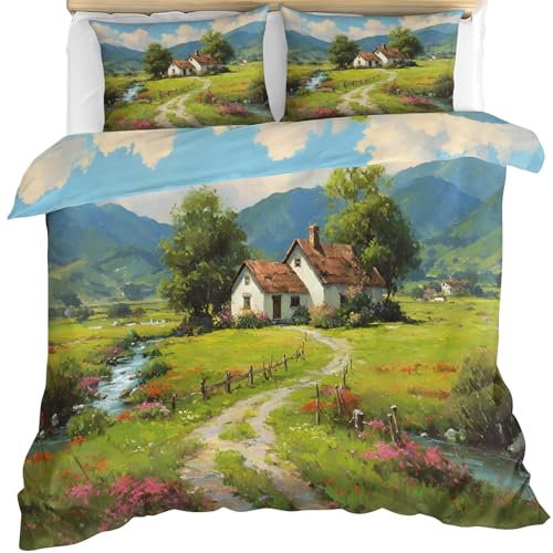 FIEMAR Berglandschaft 230 X 220 cm Bettwäsche Sets mit Bettbezug Europäisches Landhaus Bettset mit Berglandschaft Fluss und Wanderhütte Wildblumen Bettwäsche Sets Bettdeckenbezüge Bettbezug 3 Teilig