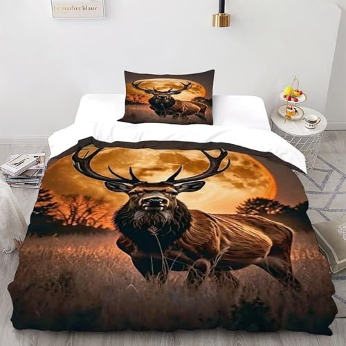 XIKMLSID Hirsch Vollmond 2-Stück-Set Europäischen Stil Bettwäsche Wildtiere 3D Design Jungen Set Ultra-feine Faser Bettbezug Single?135x200cm?