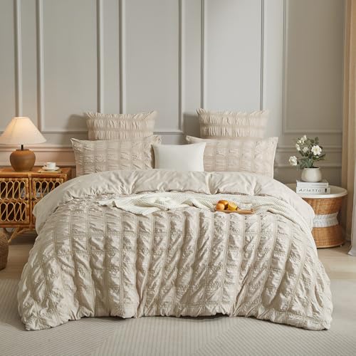 DXHOME Bettwäsche Seersucker 200x220cm Beige Khaki Unifarben Atmungsaktiv Leicht Deckenbezug Elegant Mikrofaser Sommerbettwäsche Bettbezug Sets mit Reißverschluss und 2 Kissenbezüge 80 x 80cm