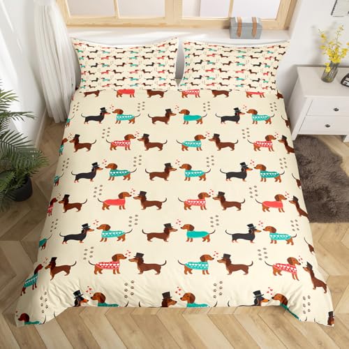 Dackel Bettwäsche 135x200 für Liebhaber Süßer Wursthund Bettwäsche Set Braune Hundepfoten Bettbezug Kawaii Pärchen Welpen Bettbezug Haustier Tier Thema Bettwäsche Set