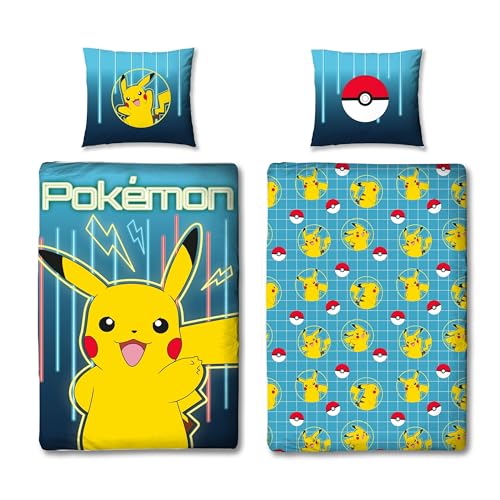 Pokemon Bettwäsche-Set 135x200 80x80 cm - 2-teilig Pokémon Pikachu Kinderbettwäsche aus 100% Baumwolle mit Reißverschluss - Farbecht & pflegeleicht - Öko-Tex Zertifiziert