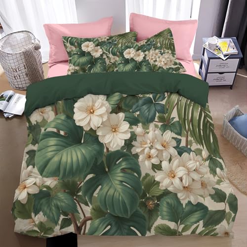 Bettwäsche 200*200cm Mintgrün Üppige grüne Pflanzen Bettbezug Set 3 Teilig Realistische tropische Pflanzen Blümchen Blumenmuster Weich Bettwäsche-Sets mit 2 Kissenbezüge 80x80 cm und Reißverschluss