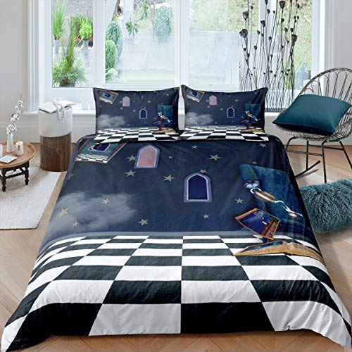 Loussiesd Bettwäsche Set Schachbrett Sterne Schloss Bettbezug Set Kinder Jungen Mädchen155x220 cm Microfaser Betten Set mit Reißverschluss und 1 Kissenbezug 80x80 cm