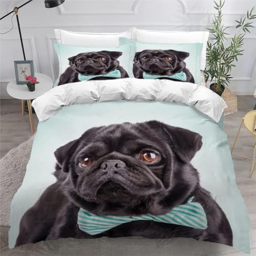 Mops Bettwäsche 200x200 cm Winter Bettwäsche-Set 3D Mops Bettbezüge Weiche Kuschelig Mikrofaser Bettbezug mit Reißverschluss und 2 Kissenbezüge 80x80 cm d-2390