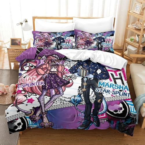 Monster High Bettwäschegarnitur Für Kinder Mädchen Jungen Bettbezug Set 3D Gedruckter Animierte Charaktere Und Kissenbezüge Bettwäsche Reissverschluss Weich Microfaser 3 Teilig Double?200x200cm?
