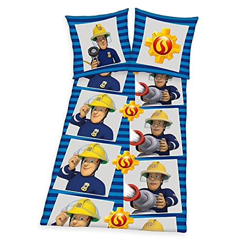 Klaus Herding Feuerwehrmann Sam Kuschel-Bettwäsche-Set Wendekissen 135x200 Feinbiber Feuerwehr, Blau