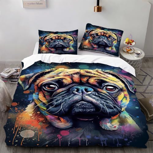 Zbeiba Bettwäsche 155x220cm Set 3 Teilige,Kinder Junge Mädchen Bettbezug mit Reißverschluss+2 Kissenbezug,Painted Style Mops Hund, Bunte Tusche-Punkte Motiv?155x220+2 * 50x75,Sti5?