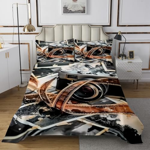 Fotografie Thema Tagesdecke S Größe,Vintage Fotografie Film Bettwäsche Set für Kinder Teens Frau Männer Zimmer Dekor,Alte Kamera Foto Tröster Set Retro Schwarze Quilt Coverlet,1 Kissenbezug