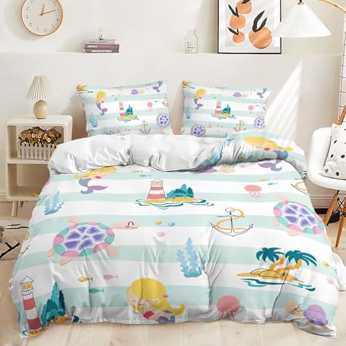 ZKTCYC Kinder Bettwäsche 200x220 Ozean Cartoon Stil Bettbezug 200x220 Kinder Junge Mädche Meeresschildkröte Anker Kinderbettwäsche Set aus Mikrofaser mit Kissenbezug 80x80 cm