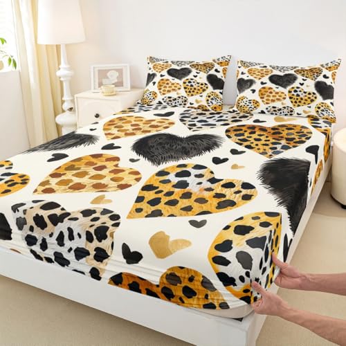 Leopard Einbaublech S Größe Liebe Herz Leopard Drucken Bettdeckung, 1 Kissenbezug Moderne Romantik Bettwäsche Set für Jungen