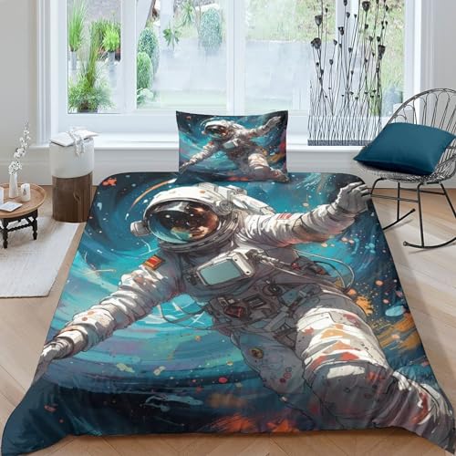 EVMILA AI Gedruckter Astronaut Bettbezug Bettwäschegarnitur Für Mädchen Jungen Kissenbezüge Reissverschluss Weich Microfaser Bettwäsche 2 Teilig Single?135x200cm?