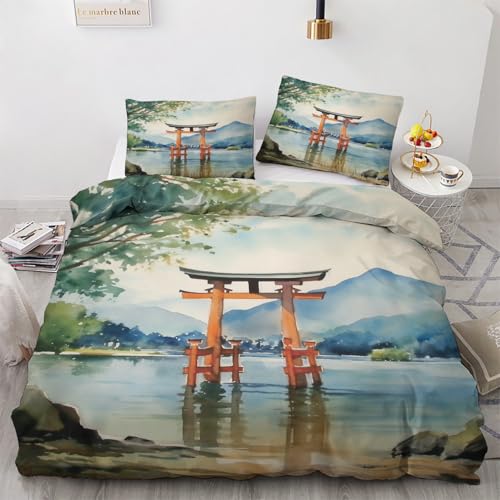 zcwl Japanisches Torii Bettwäsche 135x200, Orientalisch Asiatisch Bettbezug Set 2 teilig, Weiche Kuschelige Mikrofaser Bettwäsche-Sets, Wendebettwäsche und 1 Kissenbezug 80x80 mit Reißverschluss