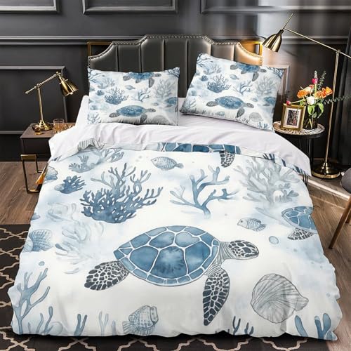Meer Schildkröte 3D Druck Bettwäsche-Set 3 Stück Zip Verschluss Bequem Fantasy Underwater Bettdeckenbezug mit Kopfkissenbezug Atmungsaktiv for Jungen,Teenager,Männer,J ugendliche Single?135x200cm?
