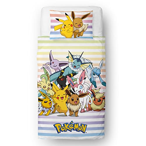 Pokemon Offiziell Lizenziertes Einzelbett-Bettbezug-Set für Kinder, Pikachu-Gruppen-Design, wendbar, zweiseitig, Bettwäsche mit passendem Kissenbezug, Character World Brands Einzelbett-Set