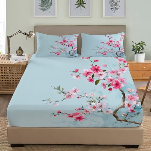 Weich Mikrofaser Spannbettlaken 140x200cm Chinesische Tuschemalerei KirschblüTen Atmungsaktive Spannbetttuch und 2 Kissenbezüge Tiefe Tasche 30cm Hellblau Hypoallergen Bettwäsche-Sets für Kinder