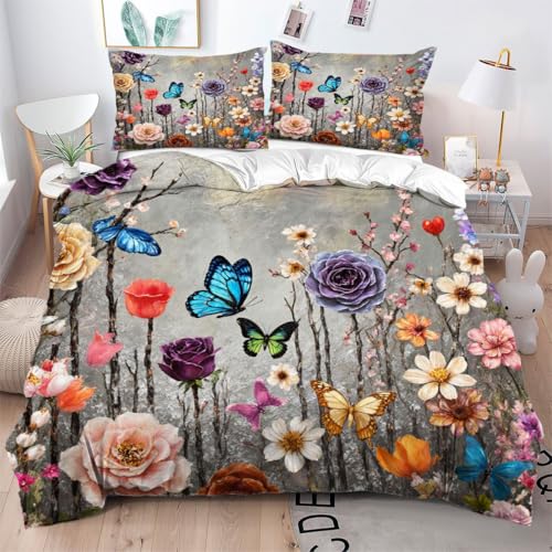 Gumntun Bettwäsche 220×240 cm Blume Schmetterling MäDchen, Weich Microfaser Bettbezug Set mit Reißverschluss, Aesthetic Flauschige Bettbezug für Erwachsene und 2 Kissenbezüge_B10890