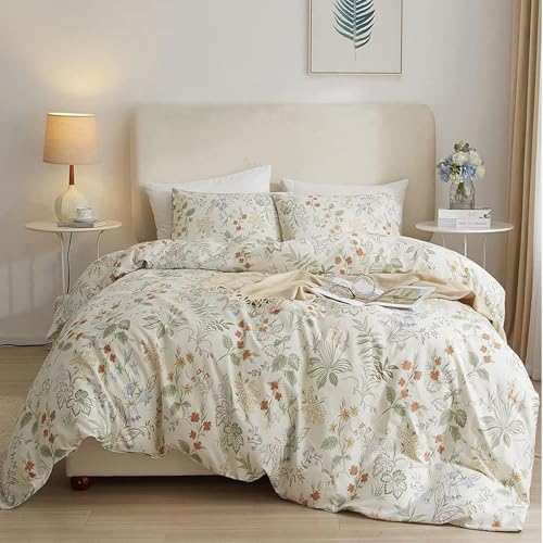 Tospass Blumen Bettwäsche 135x200 cm 4 Teilig Beige Grün Floral Bettwäsche Set Pflanzen Blätter Mädchen Mikrofaser Wende Bettwäsche 2 Bettbezug mit Reißverschluss 2 Kissenbezug 80x80 cm