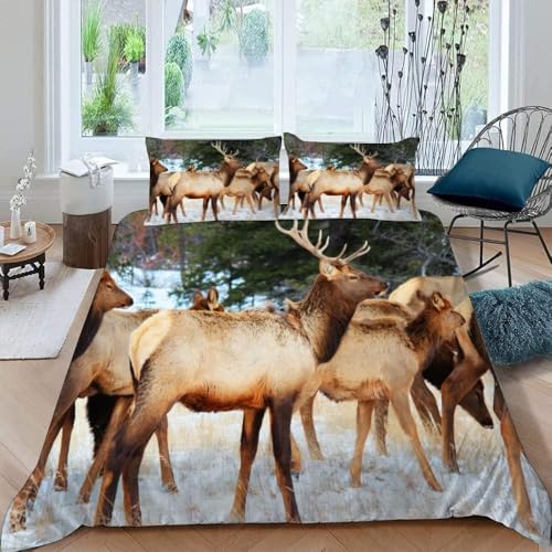 Hirsch Bettwäsche 200x200 Wildtiere Bettwäsche-Sets für Mädchen Jungen Kinder Weiche Mikrofaser 3D Drucken Bettbezug mit Reißveschluss und 2 Kissenbezüge 26.B