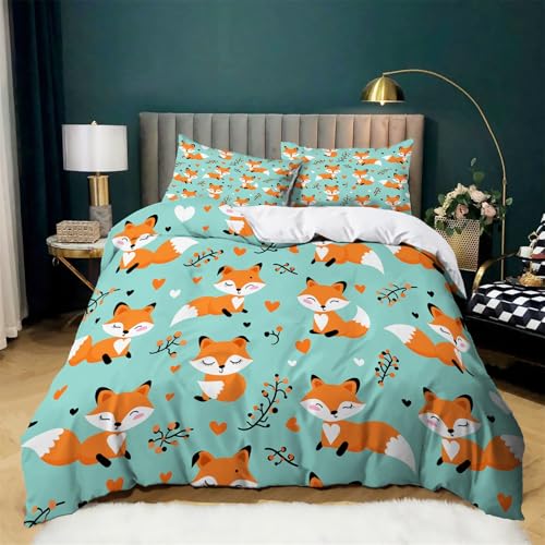 CozyRest Hochwertiger Bettbezug Set 200x200 cm, Mikrofaser Bettwäsche Set, Tierfuchs Türkis Bettbezug Set für Doppelbett, Atmungsaktiv, Weich, Pflegeleicht mit Kissenbezug 80x80cm