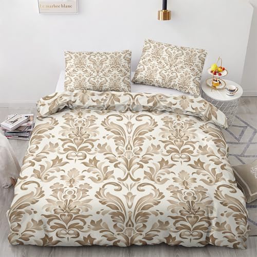 Generisch Bettwäsche 135x200 Damast Motiv - Antike Barockblumen Bettbezug und 1 Kissenbezug 80x80, Weiche Bügelfreie Mikrofaser Deckenbezug 2er Set mit Reißverschluss, Wendebettwäsche & Deko M&-6854