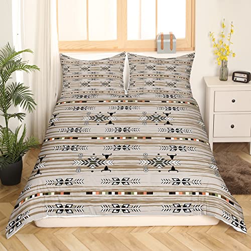 Western Boho Bettwäsche Set 135 x 200 cm Kuh Traumfänger Bettwäsche südwestliche Bettdecken Sets ethnischer Stamm Pfeil Azteken Bett Set Retro Vintage Exotik Longhorn Schädel Boho Dekor Khaki Beige