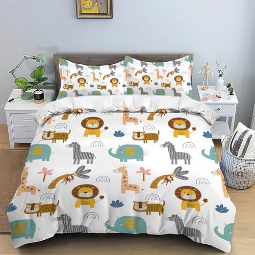 TKCQX Kinder BettwäSche 135x200 LöWe Tiger Elefant Cartoon Tiere BettwäSche Kinder Junge MäDchen BettwäSche-Sets Weiche Mikrofaser Bettbezug füR Kinder mit Kissenbezug 80x80 cm